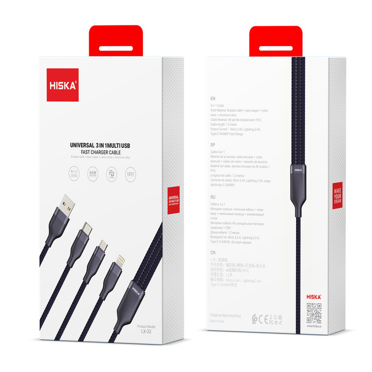 کابل تبدیل USB به لایتنینگ / USB-C / MICRO USB هیسکا مدل LX-32 طول 1.2 متر