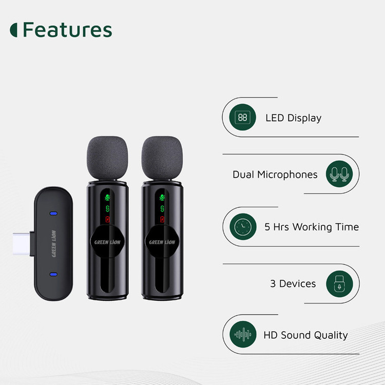 ست میکروفن بی سیم گرین لاین مدل GM-76X با درگاه اتصال USB-C/لایتنینگ/USB-A