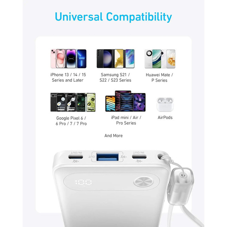 پاوربانک 22.5 وات انکر مدل A1257 ظرفیت 10000 میلی آمپر ساعت به همراه کابل USB-C