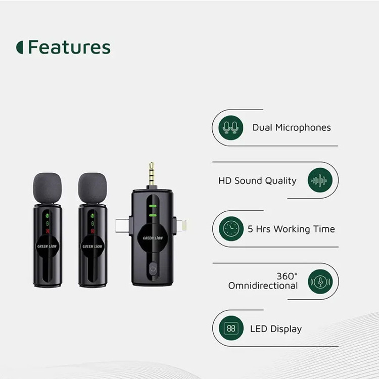 ست میکروفن بی سیم گرین لاین مدل GM-80X با درگاه اتصال لایتنینگ/AUX/USB-C