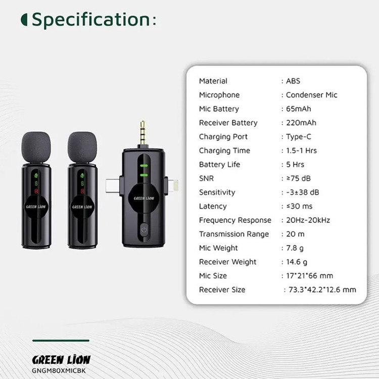 ست میکروفن بی سیم گرین لاین مدل GM-80X با درگاه اتصال لایتنینگ/AUX/USB-C