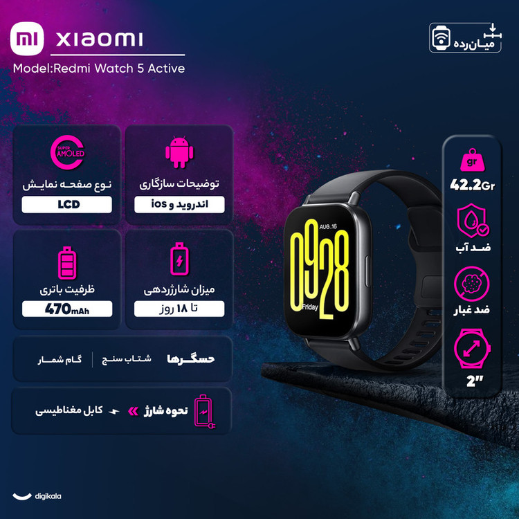 ساعت هوشمند شیائومی مدل Redmi Watch 5 Active دارای قابلیت های قابلیت مکالمه از طریق بلوتوث، قابلیت تغییر طرح ساعت یا تم بند پلاستیک