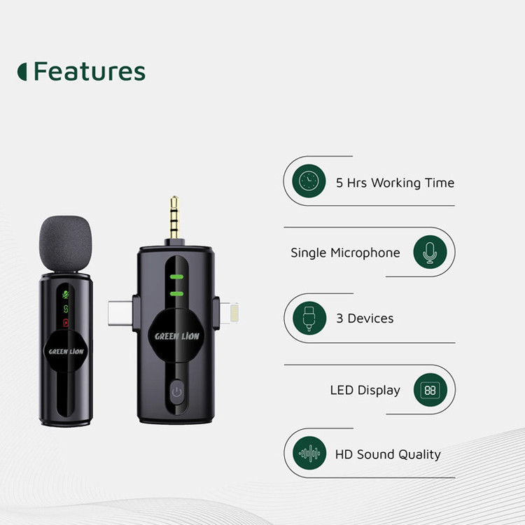 میکروفن بی سیم گرین لاین مدل GM-79X با درگاه اتصال USB-C/لایتنینگ/AUX