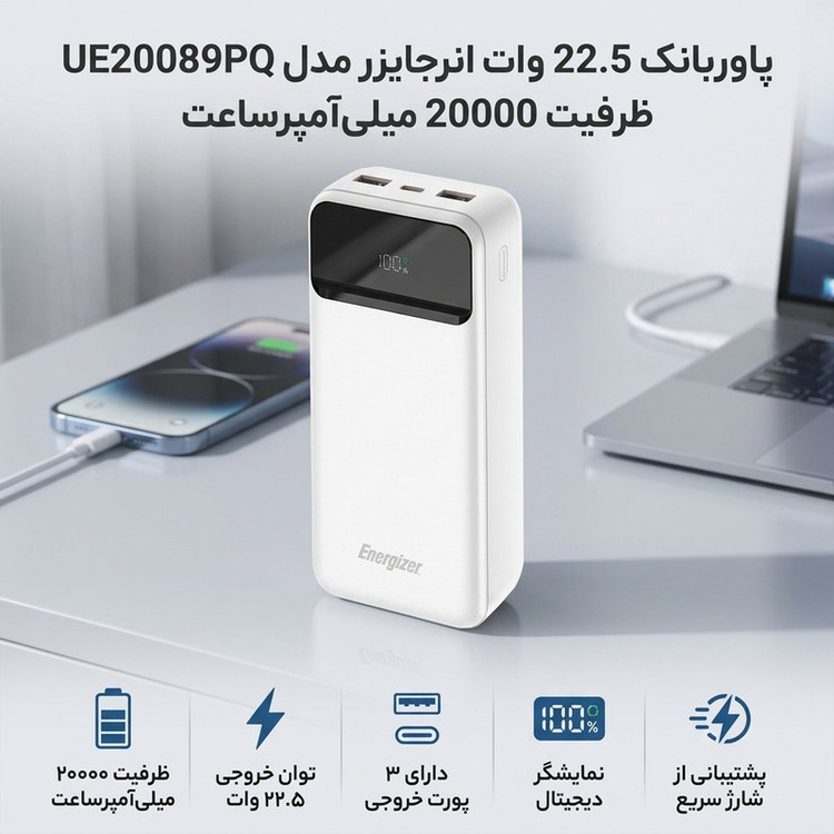 پاوربانک 22.5 وات انرجایزر مدل UE20089PQ ظرفیت 20000 میلیآمپرساعت