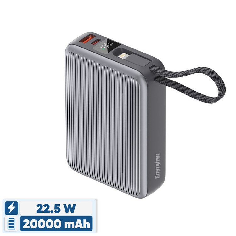 پاوربانک 22.5 وات انرجایزر مدل UE20086PQ ظرفیت 20000 میلیآمپرساعت به همراه کابل متصل لایتنینگ