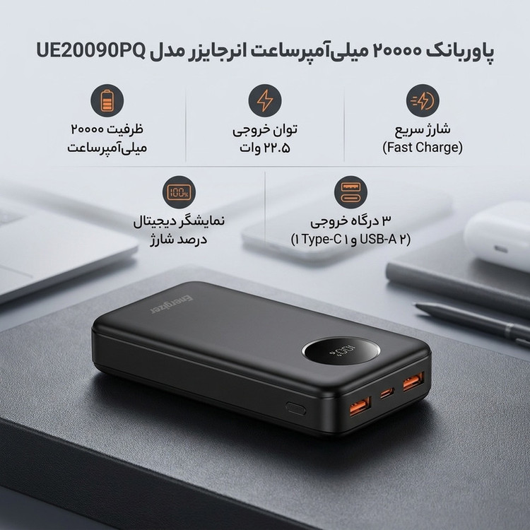 پاوربانک 22.5 وات انرجایزر مدل UE20090PQ ظرفیت 20000 میلیآمپرساعت